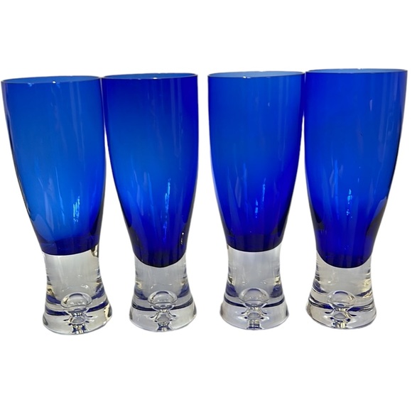 Block Signed Stockholm Crystal 4 Cobalt Blue Air Bubble Bottom Highball Glasses - Picture 5 of 11
